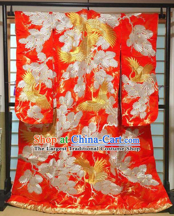 Traditional Japanese Geisha Pine Crane Pattern Red Furisode Kimono Japan Yukata Long Over Dress Costume for Women