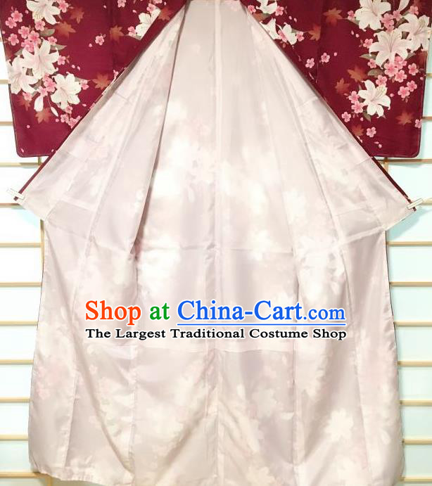 Traditional Japanese Geisha Printing Lily Flowers Amaranth Furisode Kimono Japan Yukata Dress Costume for Women