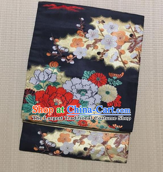 Japanese Nagoya Traditional Embroidered Peony Black Brocade Waistband Japan Kimono Yukata Belt for Women