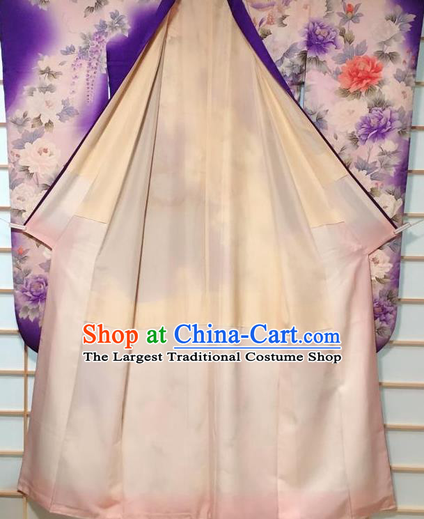 Japanese Traditional Peony Pattern Purple Furisode Kimono Japan Yukata Dress Costume for Women