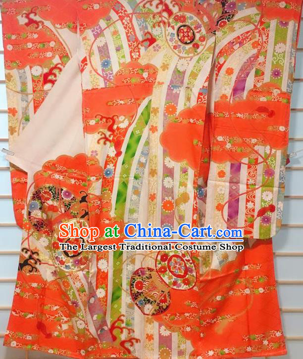 Japanese Traditional Embroidered Pattern Orange Silk Furisode Kimono Japan Yukata Dress Costume for Women