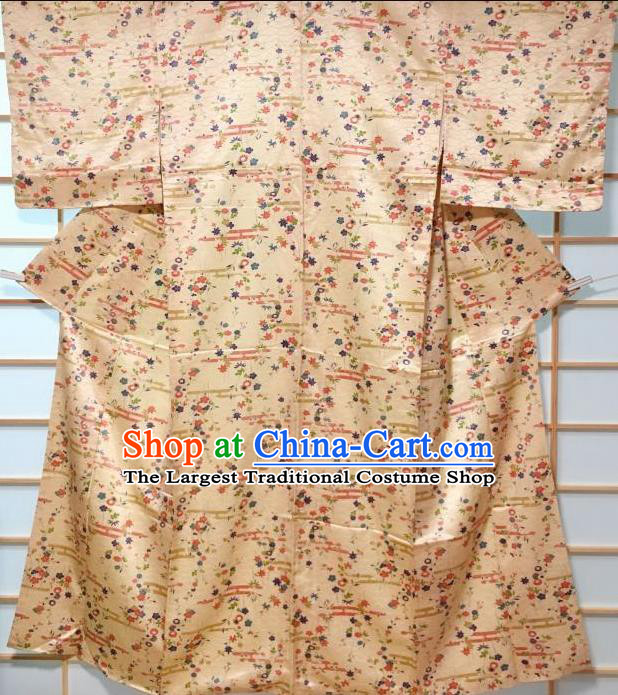 Japanese Traditional Flower Pattern Beige Silk Komon Kimono Japan Yukata Dress Costume for Women