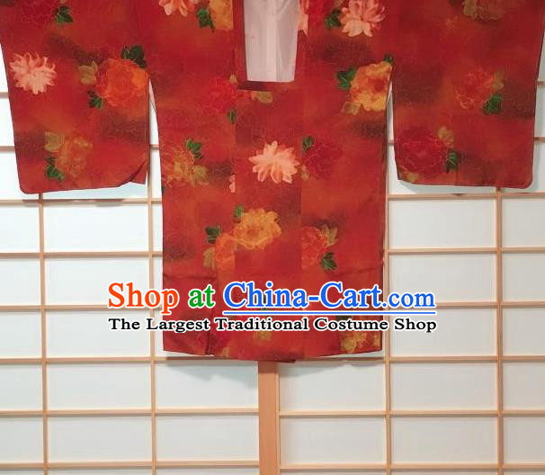 Japanese Traditional Printing Flowers Pattern Red Haori Jacket Japan Kimono Overcoat Costume for Women