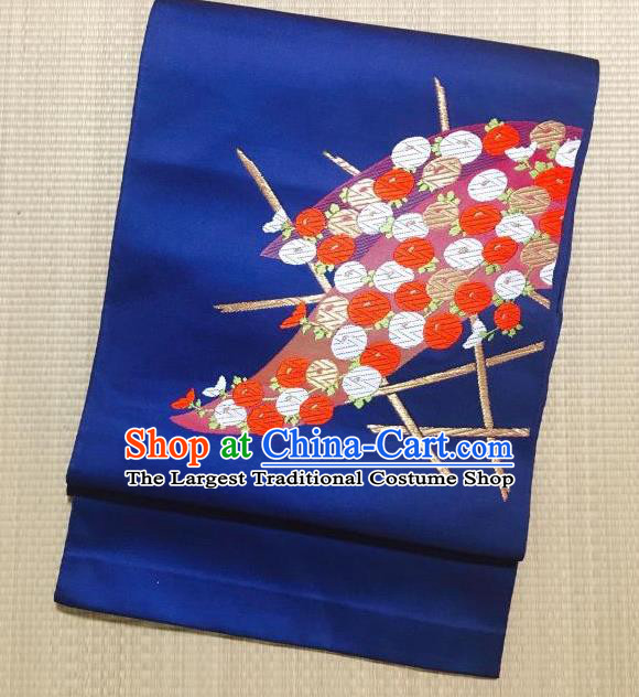 Japanese Nagoya Traditional Embroidered Chrysanthemum Royalblue Brocade Waistband Japan Kimono Yukata Belt for Women
