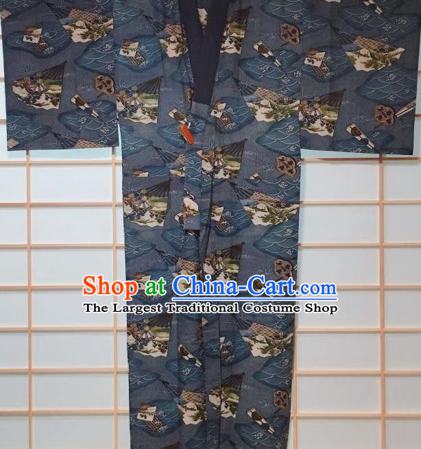Traditional Japanese Ukiyoe Pattern Navy Hanten Kimono Japan Yukata Costume for Men