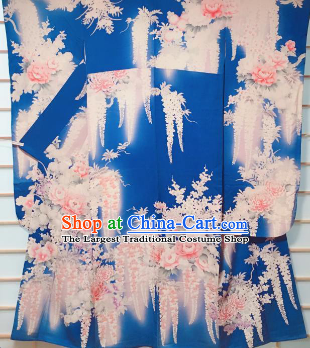 Traditional Japanese Deep Blue Furisode Kimono Japan Classical Peony Pattern Yukata Dress Costume for Women