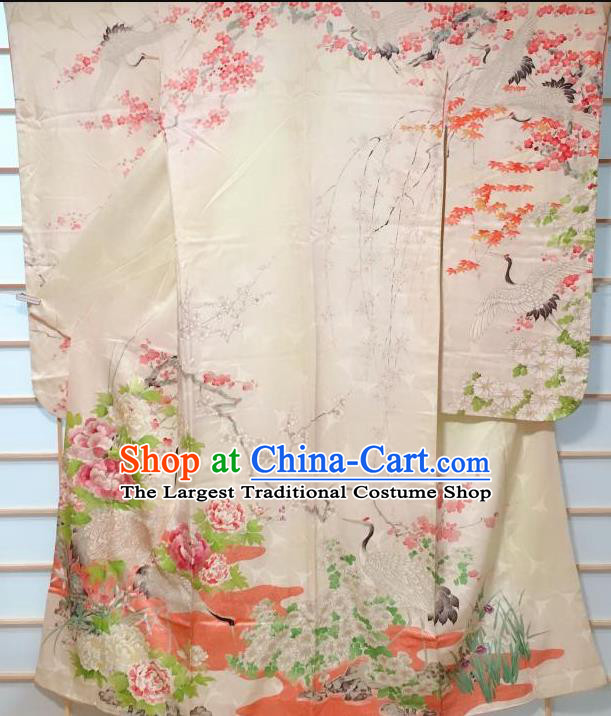 Traditional Japanese Beige Furisode Kimono Japan Classical Embroidered Crane Peony Pattern Yukata Dress Costume for Women