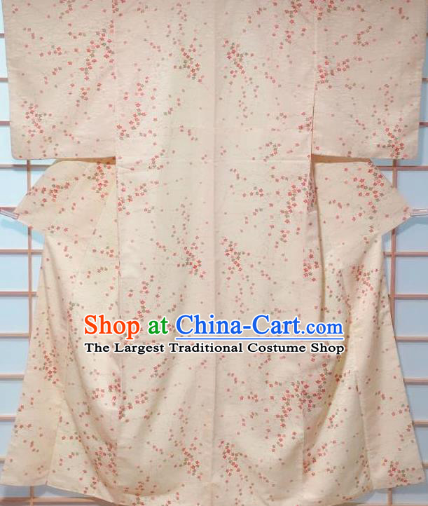 Traditional Japanese Beige Kimono Japan Classical Flowers Pattern Yukata Dress Costume for Women