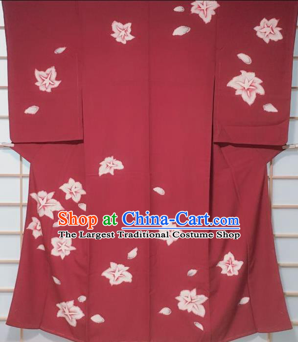 Traditional Japanese Wine Red Tsukesage Kimono Japan Classical Lily Flowers Pattern Yukata Dress Costume for Women