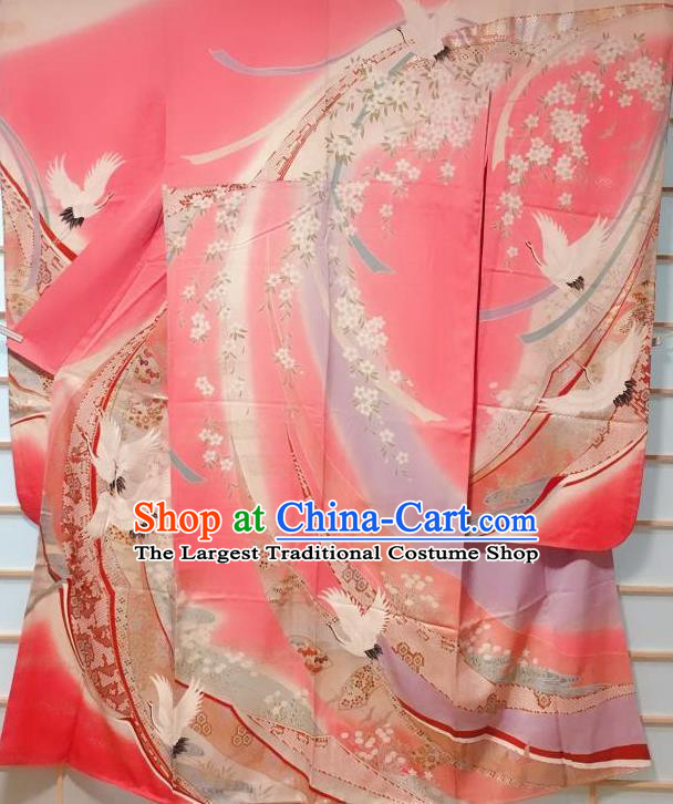 Japanese Classical Sakura Crane Pattern Pink Furisode Kimono Japan Traditional Yukata Dress Costume for Women