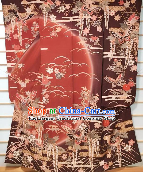 Japanese Classical Chrysanthemum Butterfly Pattern Purplish Red Furisode Kimono Japan Traditional Yukata Dress Costume for Women