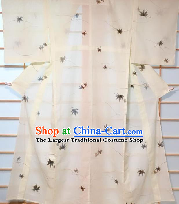 Japanese Classical Maple Leaf Pattern Beige Kimono Japan Traditional Yukata Dress Costume for Women