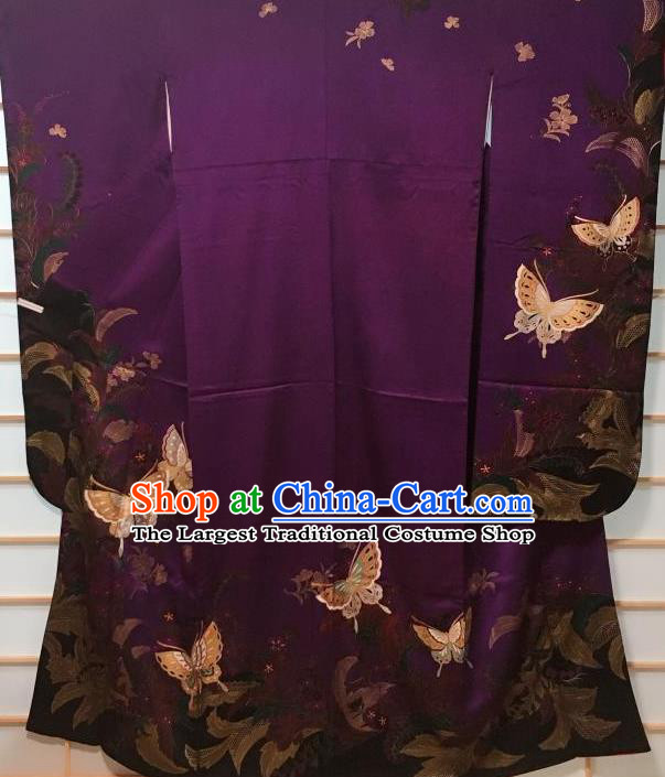 Japanese Classical Butterfly Pattern Purple Furisode Kimono Japan Traditional Yukata Dress Costume for Women