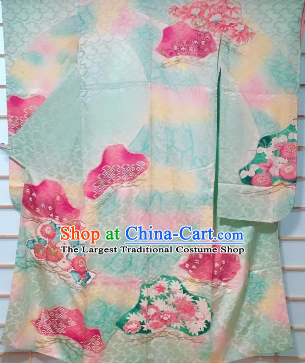 Japanese Classical Chrysanthemum Pattern Green Furisode Kimono Japan Traditional Yukata Dress Costume for Women