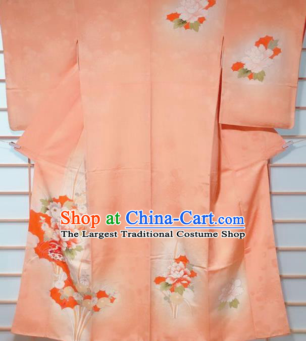 Traditional Japanese Orange Tsukesage Kimono Japan Classical Peony Pattern Yukata Dress Costume for Women