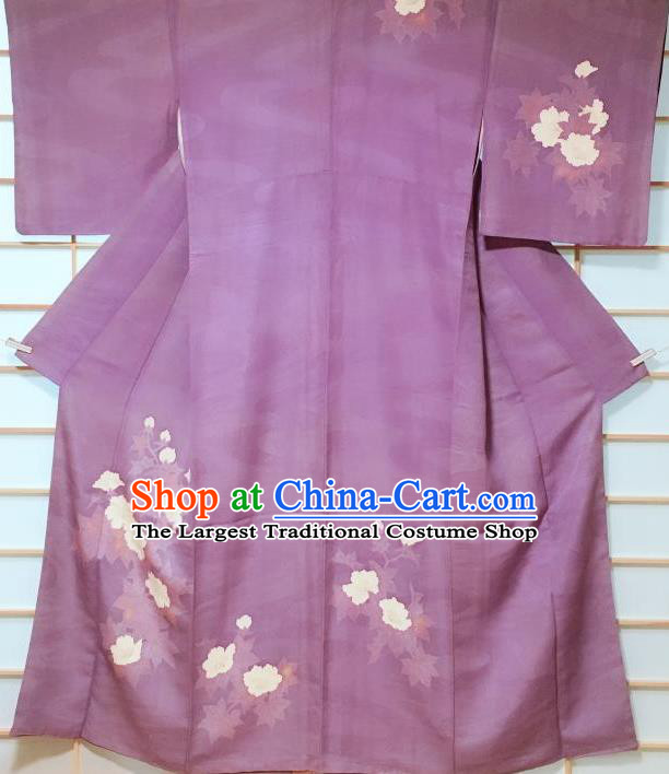 Traditional Japanese Violet Tsukesage Kimono Japan Classical Peony Pattern Yukata Dress Costume for Women