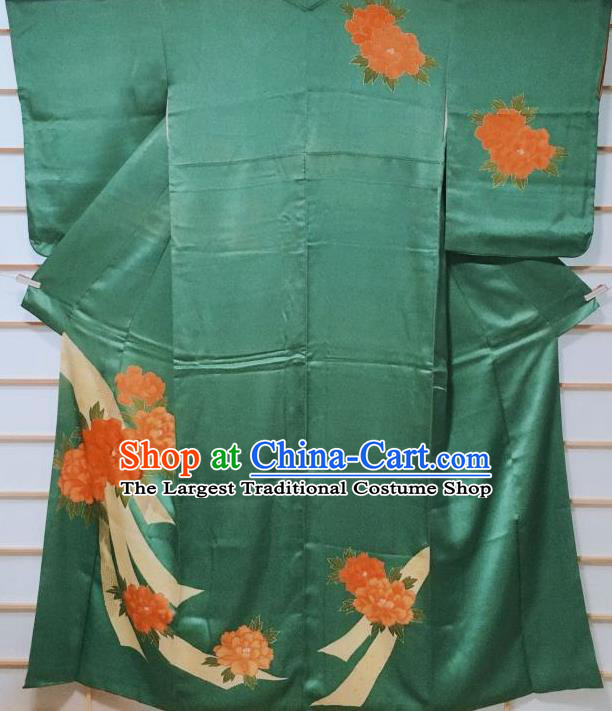 Traditional Japanese Green Silk Tsukesage Kimono Japan Classical Peony Pattern Yukata Dress Costume for Women