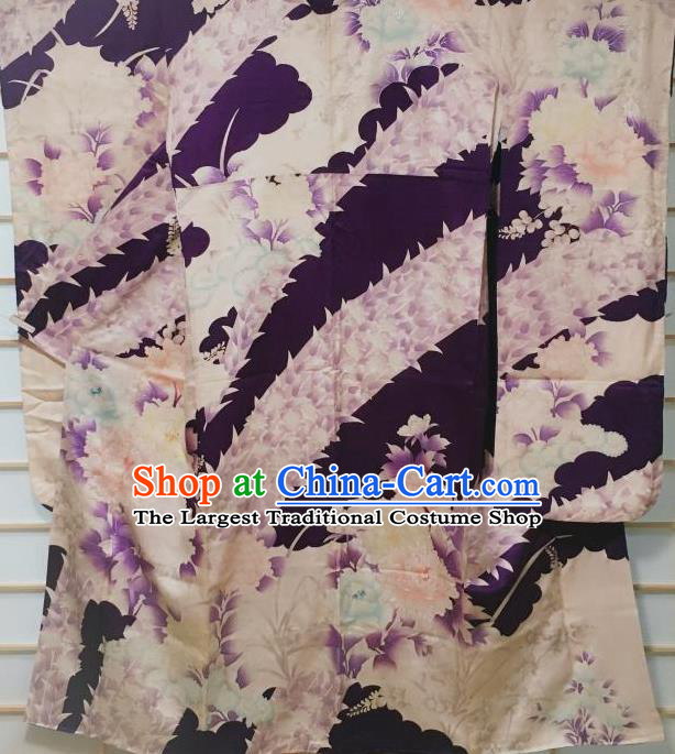 Traditional Japanese Deep Purple Furisode Kimono Japan Classical Peony Pattern Yukata Dress Costume for Women