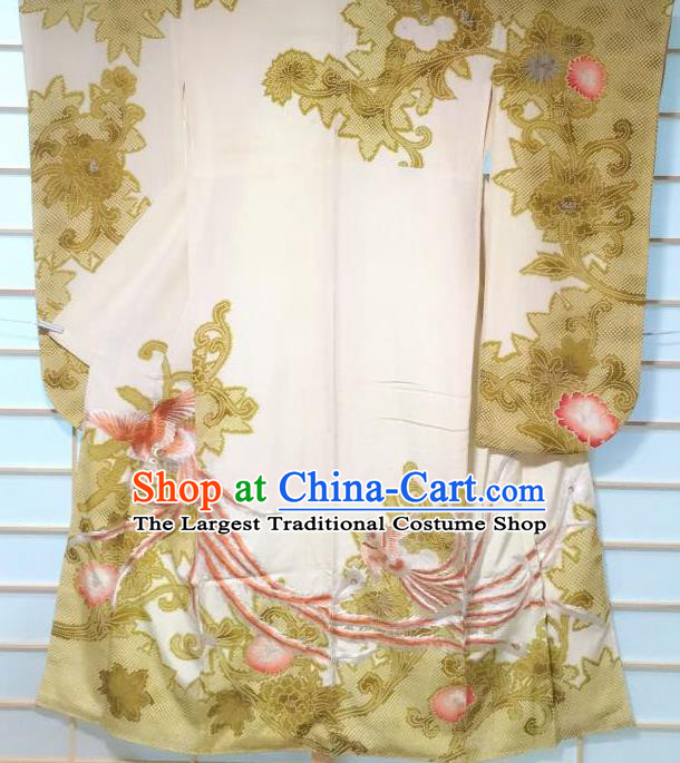 Traditional Japanese Embroidered Beige Furisode Kimono Japan Classical Phoenix Peony Pattern Yukata Dress Costume for Women