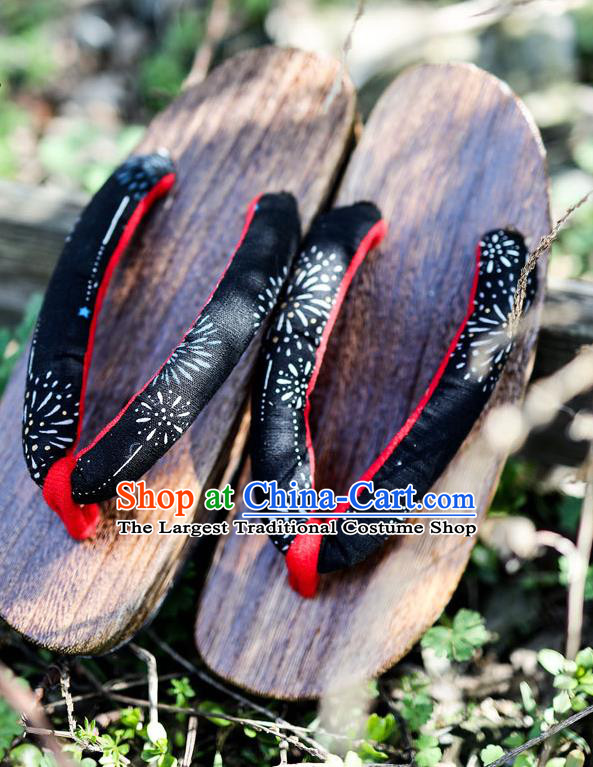 Traditional Japanese Fireworks Pattern Black Geta Slippers Asian Japan Clogs Shoes for Women