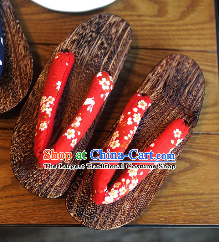 Traditional Japanese Sakura Pattern Red Geta Slippers Asian Japan Clogs Shoes for Women