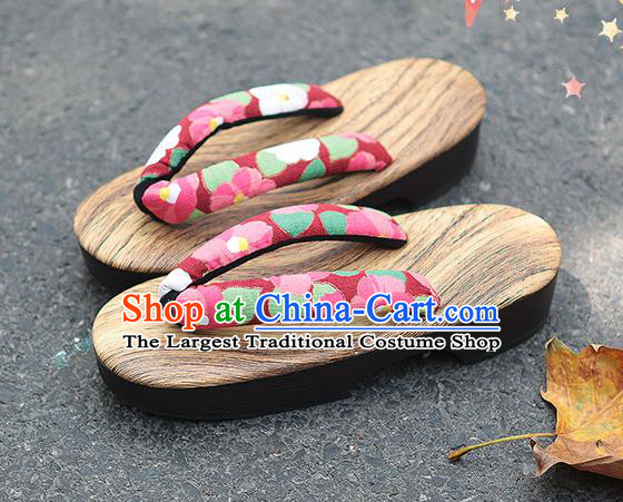 Traditional Japanese Sakura Pattern Purplish Red Zori Geta Slippers Asian Japan Clogs Shoes for Women