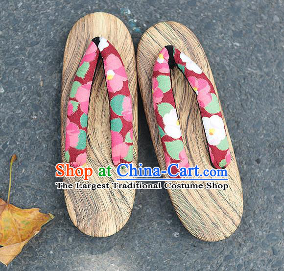 Traditional Japanese Sakura Pattern Purplish Red Zori Geta Slippers Asian Japan Clogs Shoes for Women