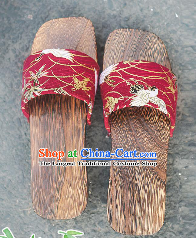 Traditional Japanese Crane Pattern Red Slippers Geta Asian Japan Clogs Shoes for Women