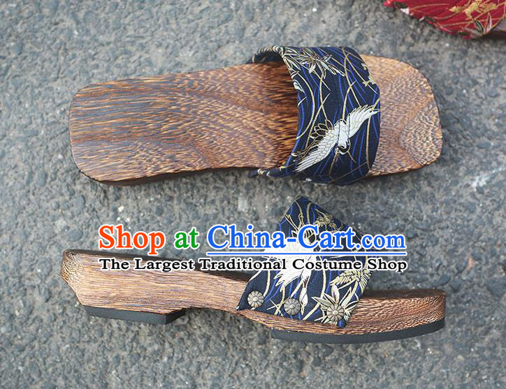 Traditional Japanese Crane Pattern Navy Slippers Geta Asian Japan Clogs Shoes for Women