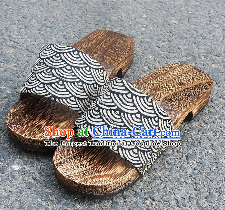 Traditional Japanese Waves Pattern Black Geta Slippers Asian Japan Clogs Shoes for Men