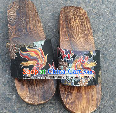 Traditional Japanese Kylin Pattern Black Geta Slippers Asian Japan Clogs Shoes for Men