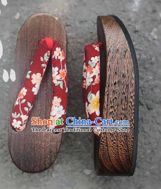Traditional Japanese Classical Sakura Pattern Purplish Red Slippers Geta Asian Japan Clogs Zori Shoes for Women