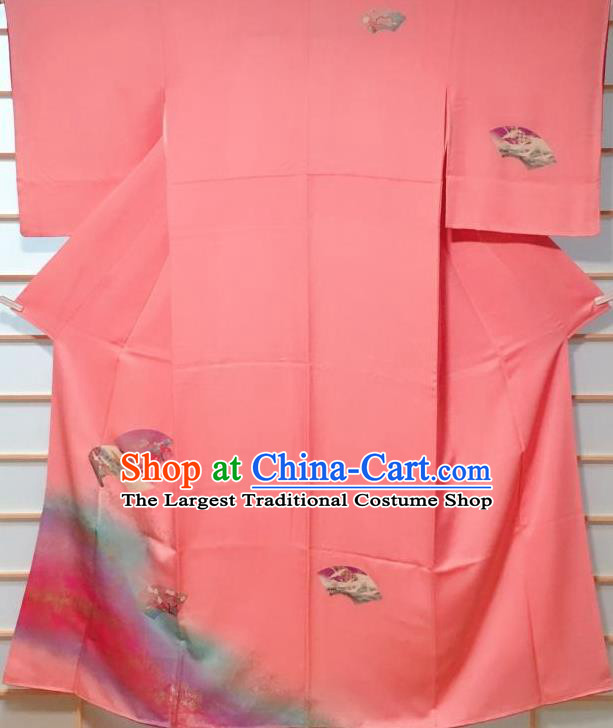 Traditional Japanese Pink Tsukesage Kimono Japan Classical Fan Pattern Yukata Dress Costume for Women