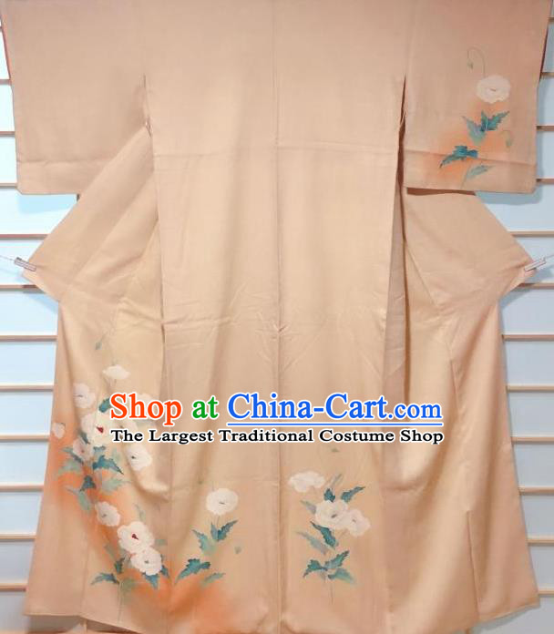 Traditional Japanese Apricot Tsukesage Kimono Japan Classical Camellia Pattern Yukata Dress Costume for Women