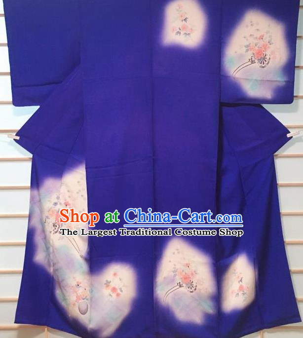 Traditional Japanese Royalblue Tsukesage Kimono Japan Classical Peony Pattern Yukata Dress Costume for Women