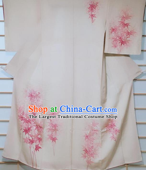 Traditional Japanese Beige Tsukesage Kimono Japan Classical Maple Leaf Pattern Yukata Dress Costume for Women