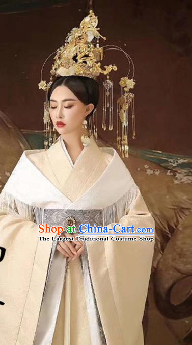 Chinese Ancient Court Queen White Hanfu Dress Traditional Han Dynasty Empress Replica Costumes and Headpiece for Women