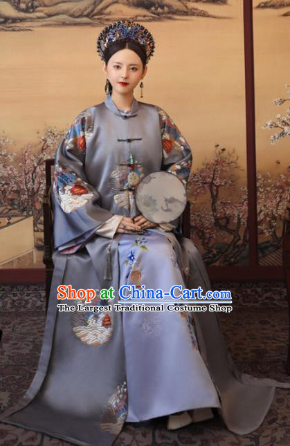 Chinese Ancient Manchu Noble Consort Purple Embroidered Dress Traditional Qing Dynasty Imperial Concubine Costumes and Headpiece for Women