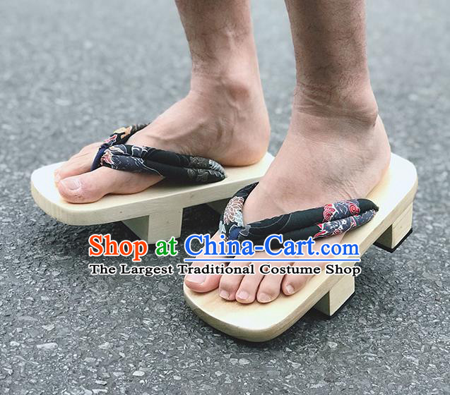 Japanese Traditional Kylin Pattern Black Flip Flops Bidentate Clogs Slippers Asian Japan Geta Shoes for Men