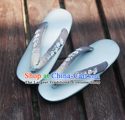 Traditional Japanese Classical Embroidered Grey Flip Flops Slippers Zori Geta Asian Japan Clogs Shoes for Women