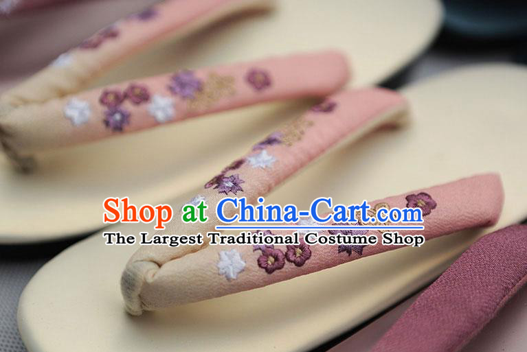 Traditional Japanese Classical Embroidered Pink Flip Flops Slippers Zori Geta Asian Japan Clogs Shoes for Women