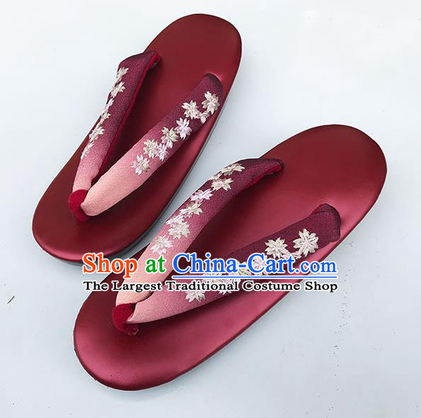 Traditional Japanese Classical Embroidered Wine Red Flip Flops Slippers Zori Geta Asian Japan Clogs Shoes for Women