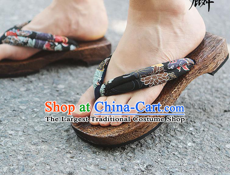 Japanese Traditional Chrysanthemum Pattern Black Flip Flops Slippers Clogs Asian Japan Geta Shoes for Men