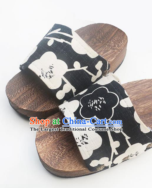 Traditional Japanese Classical Plum Pattern Black Clogs Wood Slippers Asian Japan Geta Shoes for Women