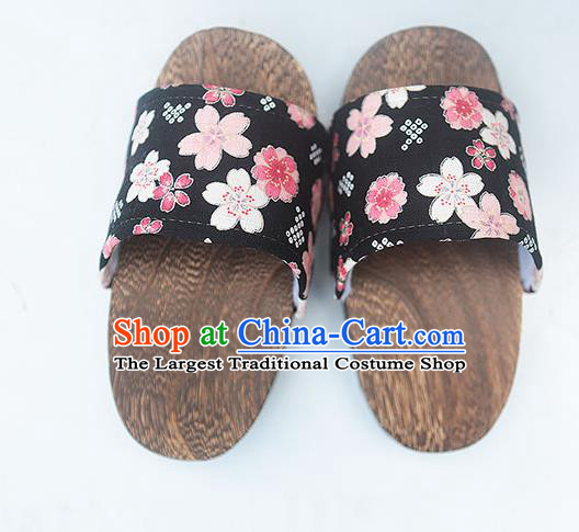 Japanese Traditional Sakura Pattern Black Clogs Wood Slippers Asian Japan Geta Shoes for Women