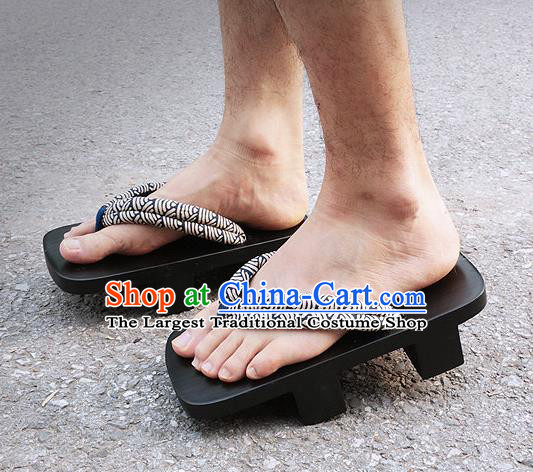 Traditional Japanese Wave Pattern Black Bidentate Clogs Slippers Asian Japan Geta Shoes for Men