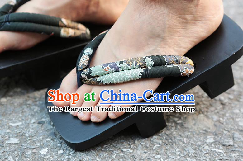 Traditional Japanese Peony Pattern Black Bidentate Clogs Slippers Asian Japan Geta Shoes for Men