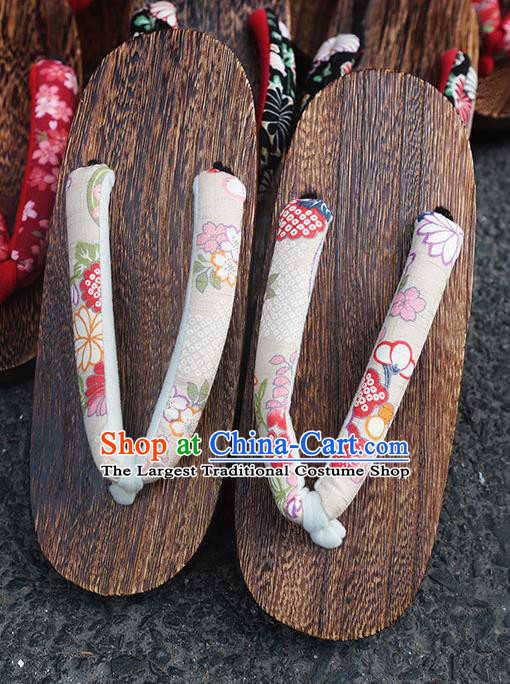 Traditional Japanese Classical Sakura Pattern Beige Flip Flops Slippers Geta Asian Japan Clogs Shoes for Women