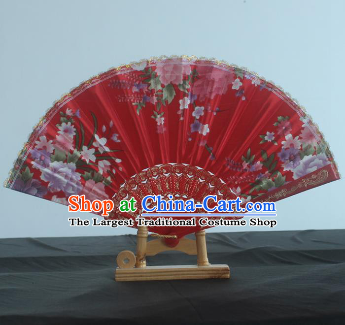 Handmade Chinese Traditional Wedding Red Folding Fan Printing Peony Fans