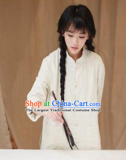 Traditional Chinese Tang Suit White Flax Shirt Li Ziqi Blouse Upper Outer Garment Costume for Women